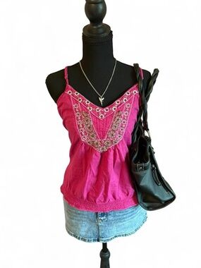Vintage Apt 9 Y2K Women’s Fuchsia Embroidered Spaghetti Strap Tank Top, Size M